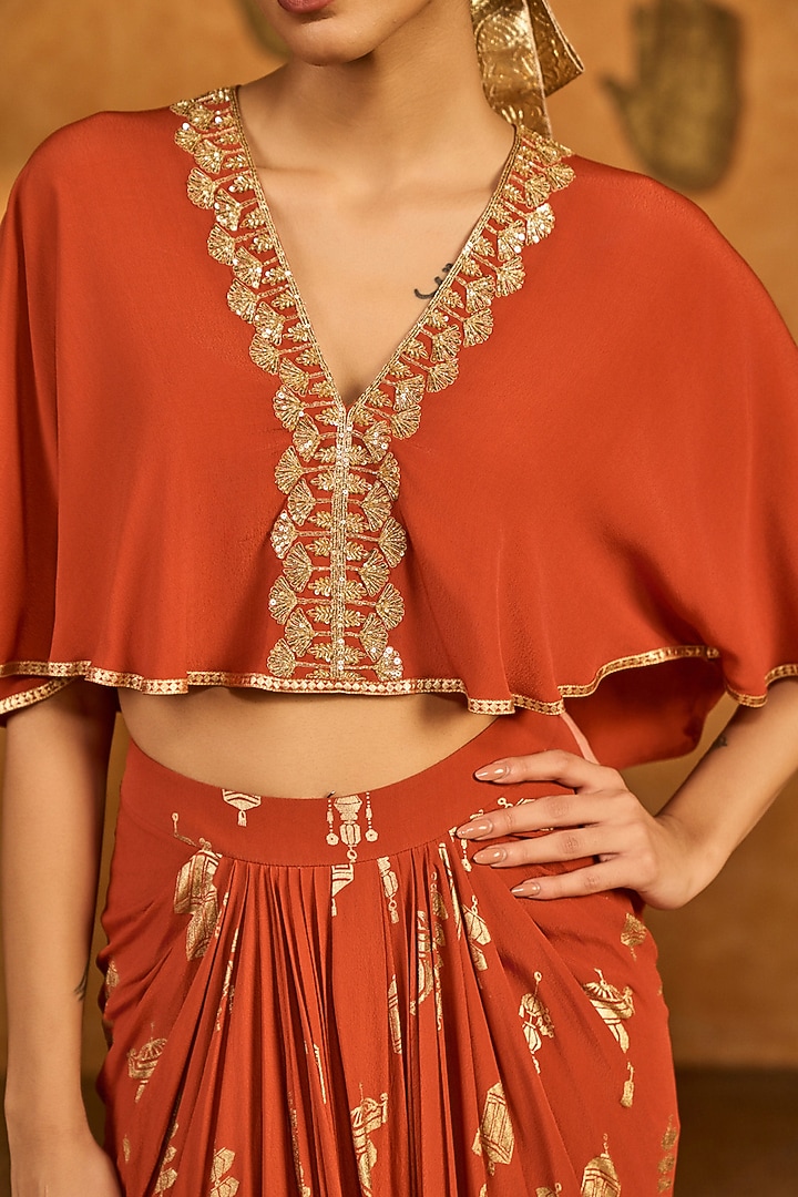 Rust Crepe Silk Printed Draped Skirt Set by Masaba at Pernia's Pop Up Shop