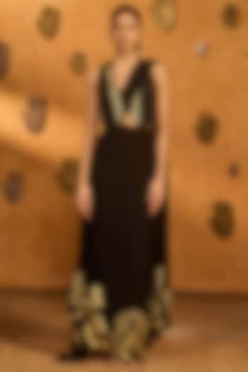 Black Georgette Foil Printed Pre-Stitched Wedding Saree Set by Masaba at Pernia's Pop Up Shop