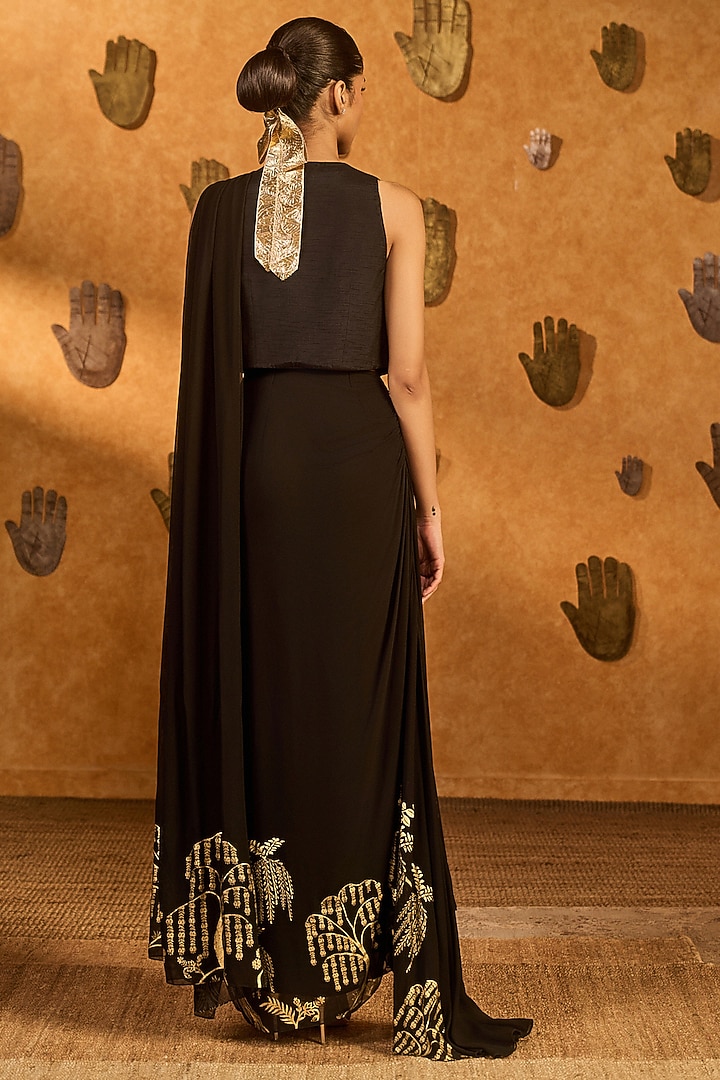 Black Georgette Foil Printed Pre-Stitched Wedding Saree Set by Masaba at Pernia's Pop Up Shop