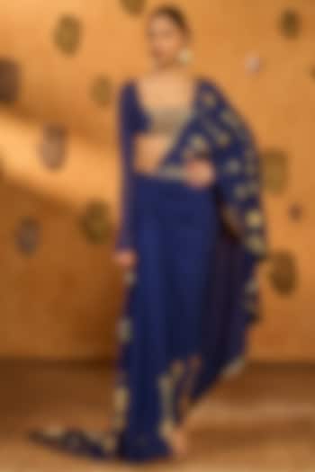 Sapphire Blue Crepe Ombre Foil Printed Draped Wedding Saree Set by Masaba at Pernia's Pop Up Shop