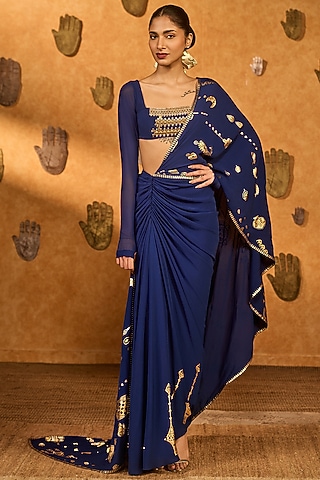 Sapphire Blue Crepe Ombre Foil Printed Draped Saree Set by Masaba