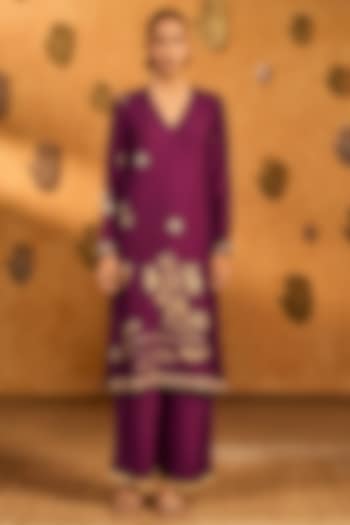 Berry Colored Raw Silk Foil Printed & Embroidered Kurta Set by Masaba at Pernia's Pop Up Shop