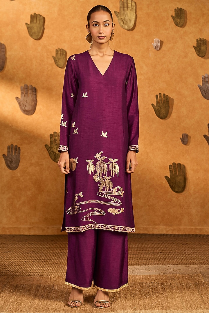Berry Colored Raw Silk Foil Printed & Embroidered Kurta Set by Masaba at Pernia's Pop Up Shop