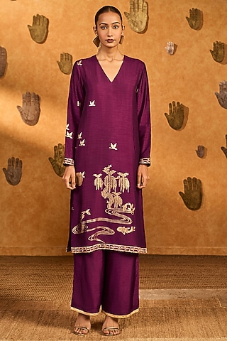 Berry Colored Raw Silk Foil Printed & Embroidered Kurta Set by Masaba