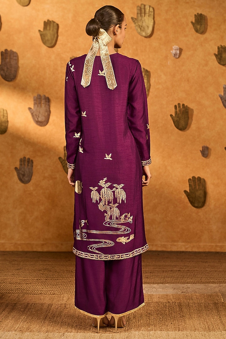 Berry Colored Raw Silk Foil Printed & Embroidered Kurta Set by Masaba at Pernia's Pop Up Shop