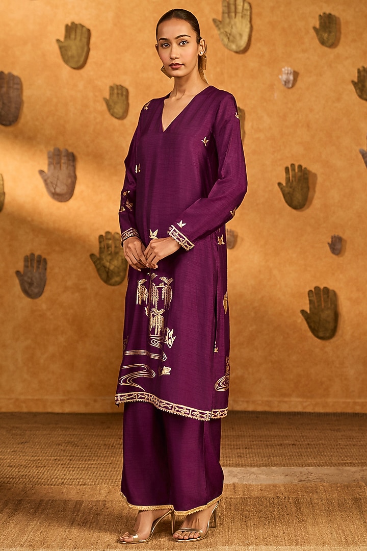 Berry Colored Raw Silk Foil Printed & Embroidered Kurta Set by Masaba at Pernia's Pop Up Shop