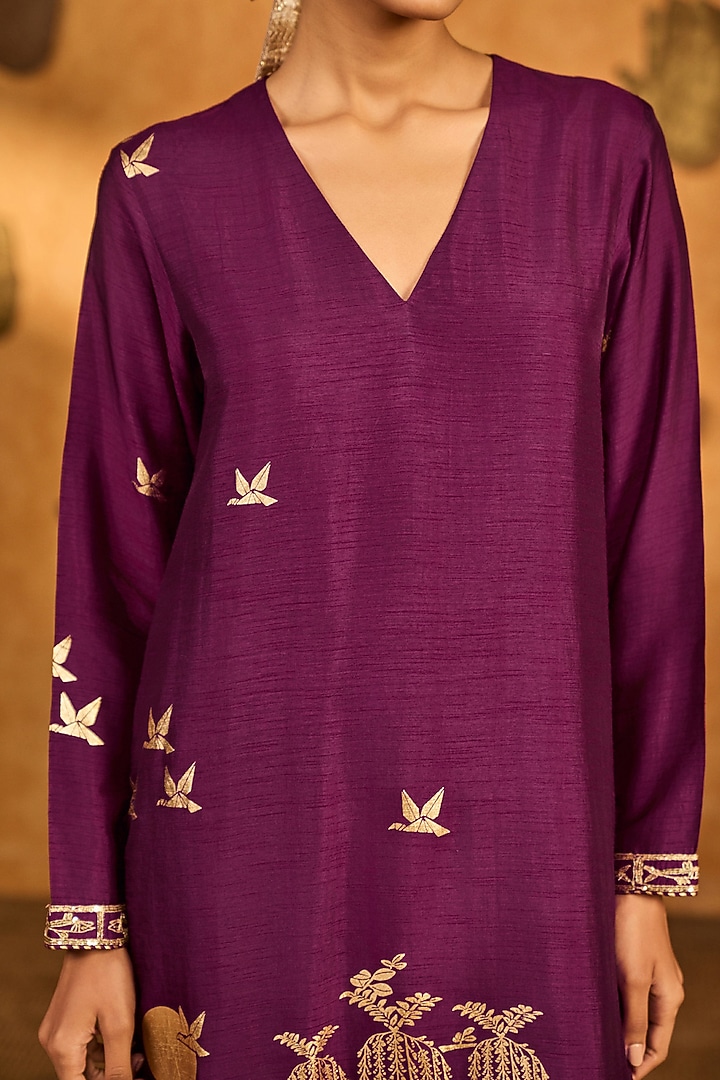 Berry Colored Raw Silk Foil Printed & Embroidered Kurta Set by Masaba at Pernia's Pop Up Shop