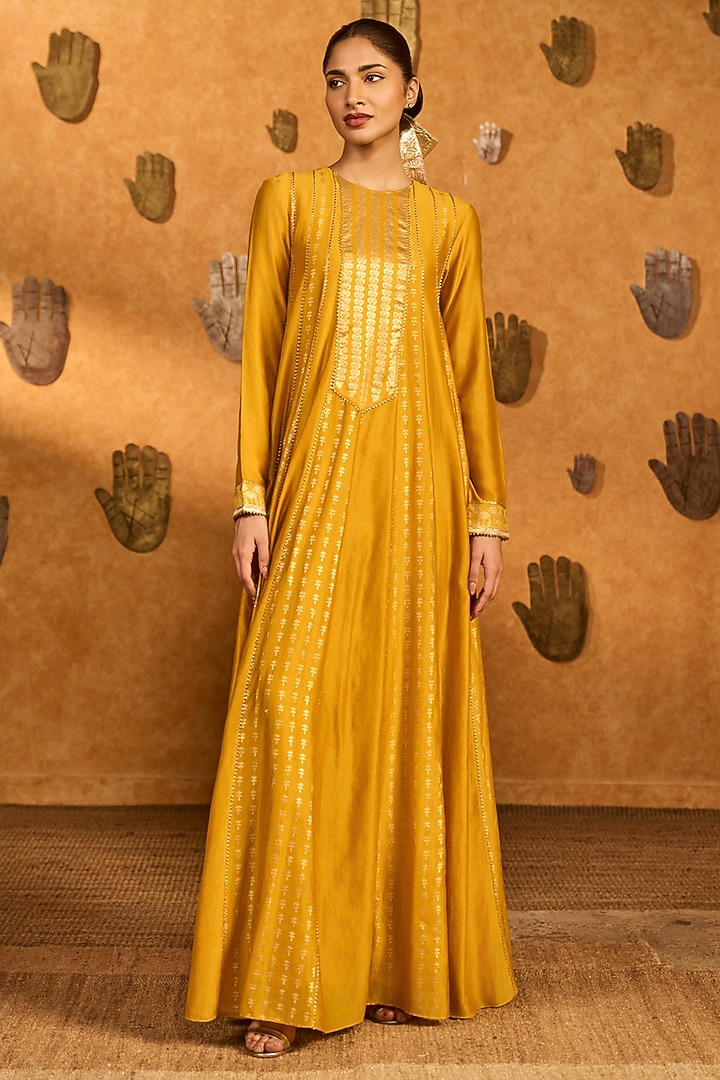 Yellow Chanderi Foil Printed Wedding Anarkali Set by Masaba at Pernia's Pop Up Shop