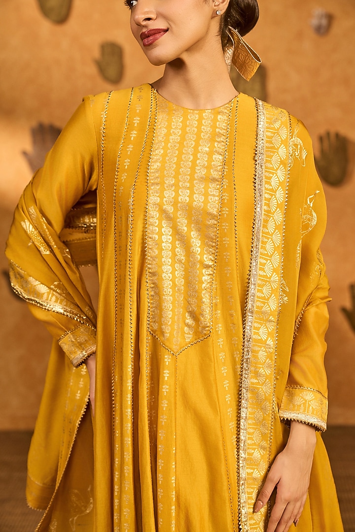 Yellow Chanderi Foil Printed Wedding Anarkali Set by Masaba at Pernia's Pop Up Shop