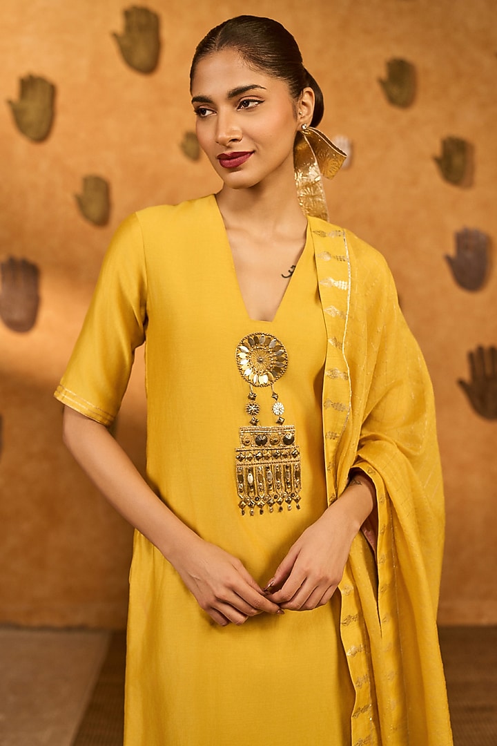Ochre Yellow Chanderi Embroidered Kurta Set by Masaba at Pernia's Pop Up Shop