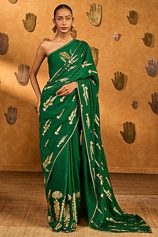 Green Raw Silk Foil Printed Saree Set by Masaba
