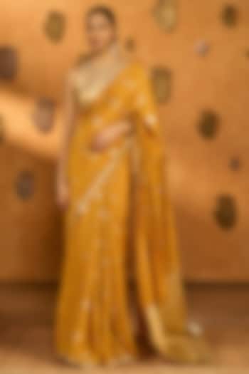 Ochre Yellow Raw Silk Foil Printed Party Wear Saree Set by Masaba at Pernia's Pop Up Shop