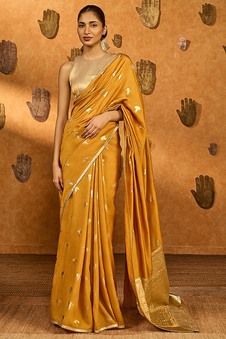 Ochre Yellow Raw Silk Foil Printed Party Wear Saree Set by Masaba at Pernia's Pop Up Shop