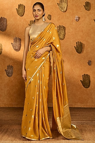 Ochre Yellow Raw Silk Foil Printed Saree Set by Masaba
