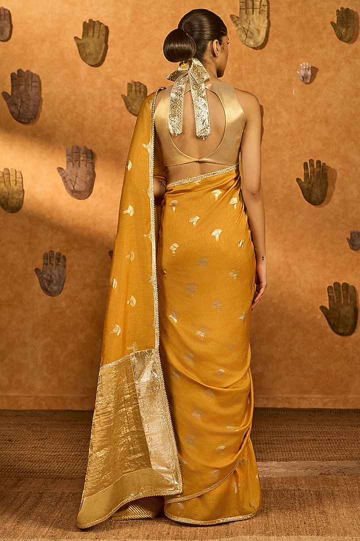 Ochre Yellow Raw Silk Foil Printed Party Wear Saree Set by Masaba at Pernia's Pop Up Shop