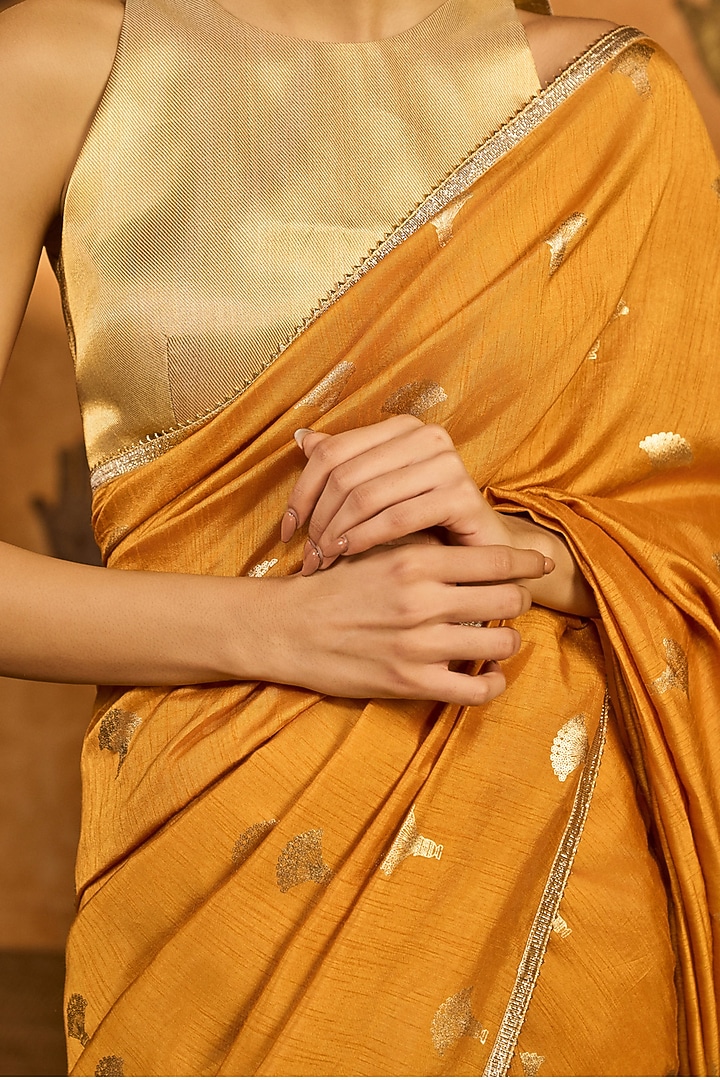 Ochre Yellow Raw Silk Foil Printed Party Wear Saree Set by Masaba at Pernia's Pop Up Shop