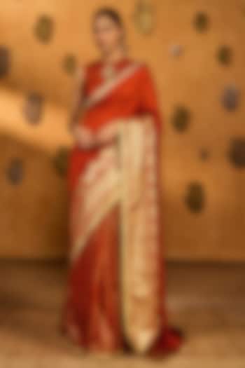 Rust Raw Silk Placement Foil Printed Party Wear Saree Set by Masaba at Pernia's Pop Up Shop