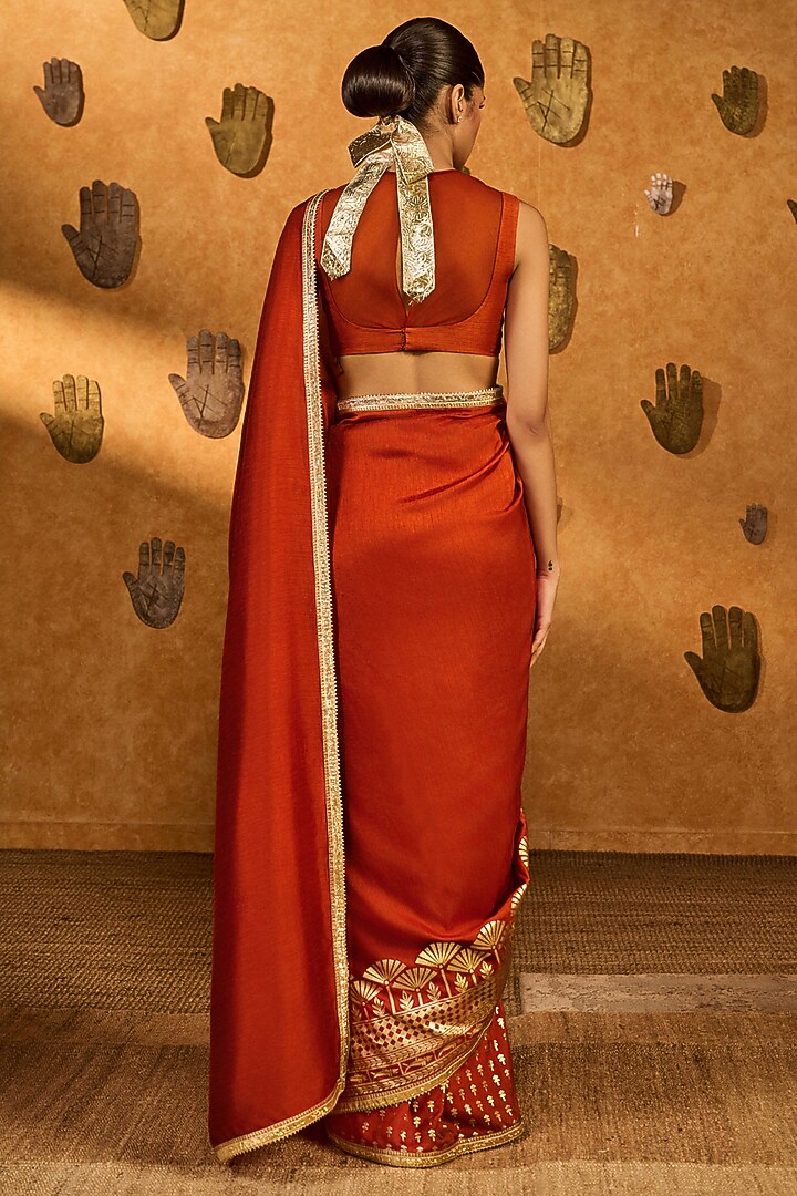 Rust Raw Silk Placement Foil Printed Party Wear Saree Set by Masaba at Pernia's Pop Up Shop