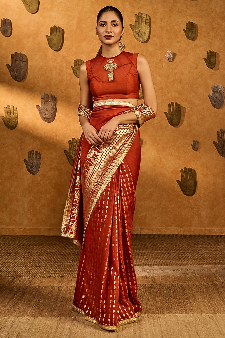 Rust Raw Silk Placement Foil Printed Party Wear Saree Set by Masaba at Pernia's Pop Up Shop