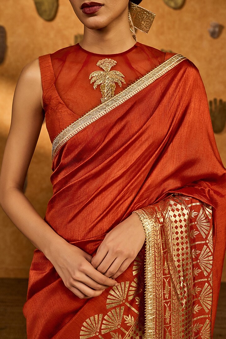 Rust Raw Silk Placement Foil Printed Party Wear Saree Set by Masaba at Pernia's Pop Up Shop