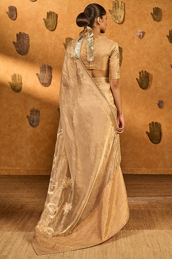 Light Gold Tissue Embroidered Woven Wedding Saree Set by Masaba at Pernia's Pop Up Shop