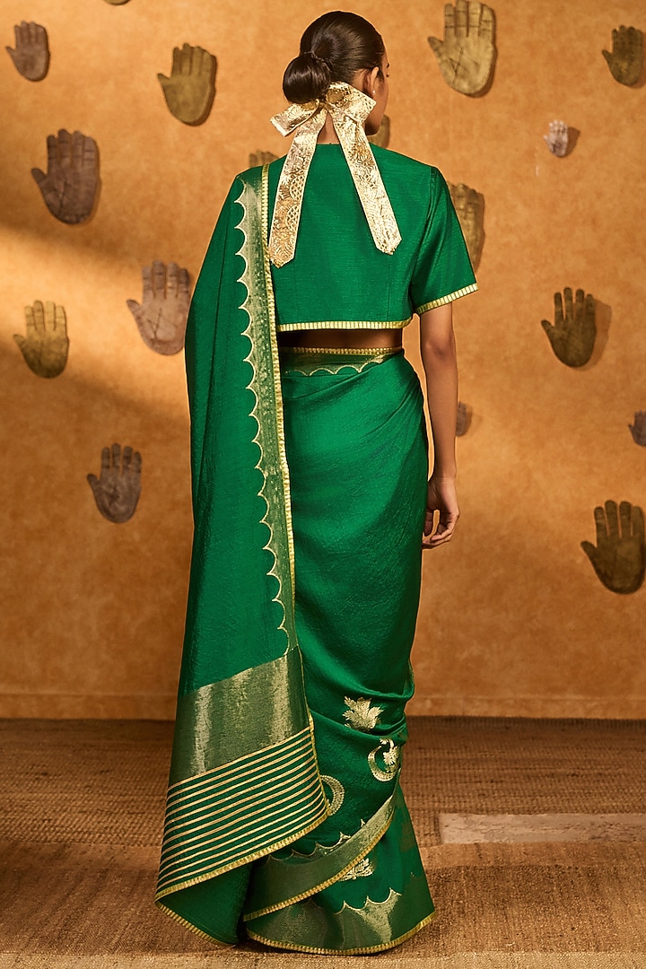 Green Woven Jacquard Silk Embroidered Wedding Saree Set by Masaba at Pernia's Pop Up Shop