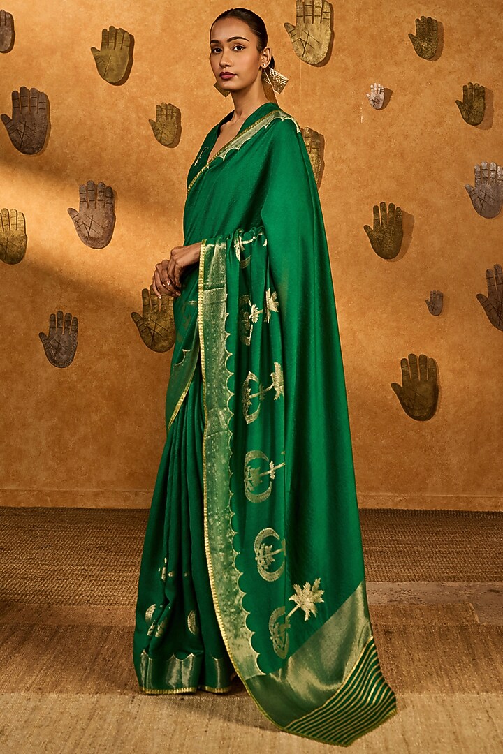 Green Woven Jacquard Silk Embroidered Wedding Saree Set by Masaba at Pernia's Pop Up Shop