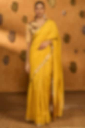 Yellow Woven Jacquard Silk Embroidered Wedding Saree Set by Masaba at Pernia's Pop Up Shop