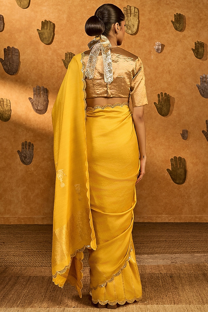 Yellow Woven Jacquard Silk Embroidered Wedding Saree Set by Masaba at Pernia's Pop Up Shop