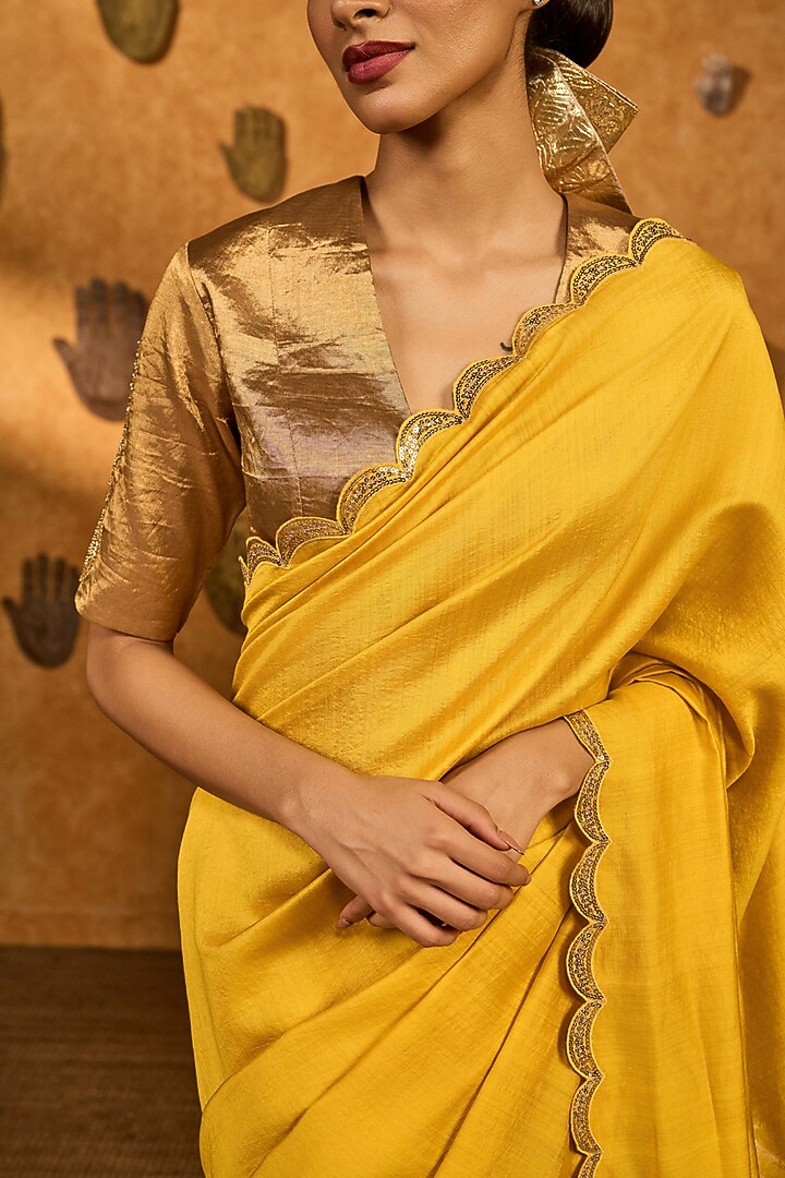 Yellow Woven Jacquard Silk Embroidered Wedding Saree Set by Masaba at Pernia's Pop Up Shop