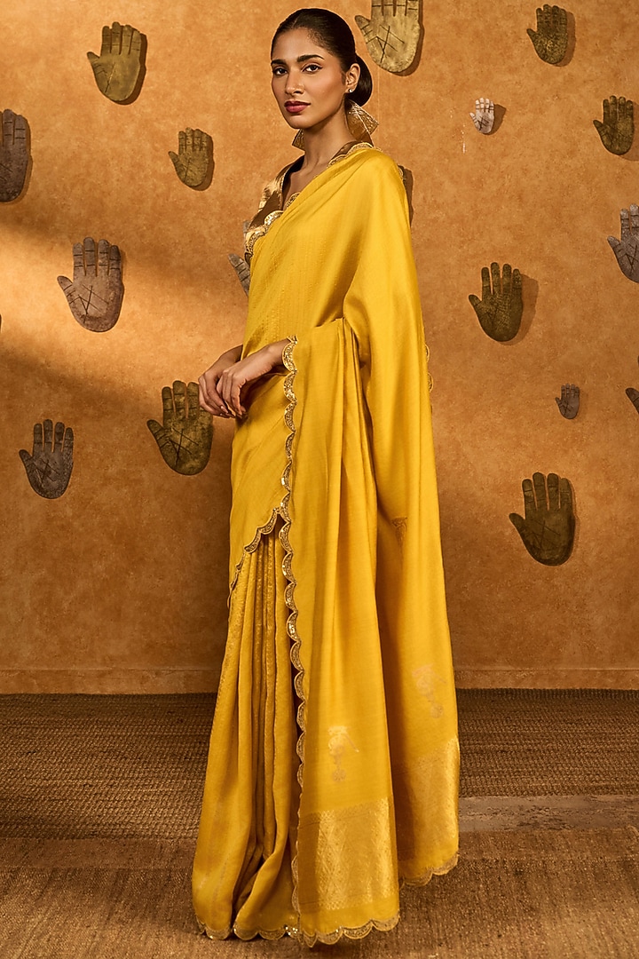 Yellow Woven Jacquard Silk Embroidered Wedding Saree Set by Masaba at Pernia's Pop Up Shop
