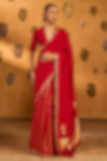 Pink Raw Silk Foil & Dawn Printed Wedding Saree Set by Masaba at Pernia's Pop Up Shop