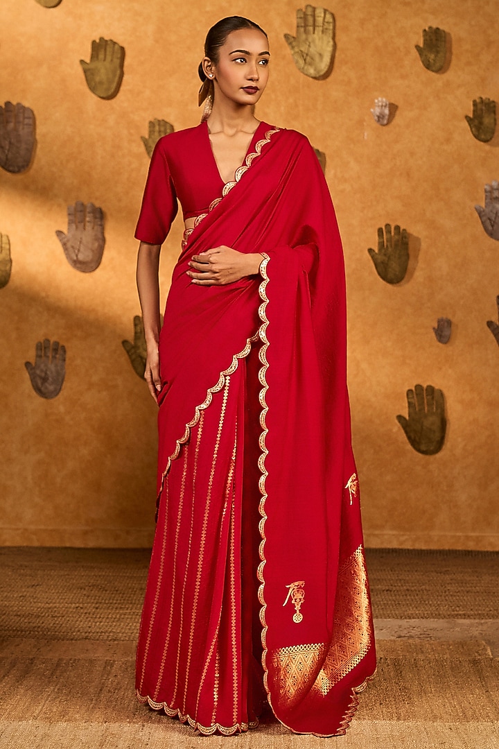 Pink Raw Silk Foil & Dawn Printed Wedding Saree Set by Masaba at Pernia's Pop Up Shop