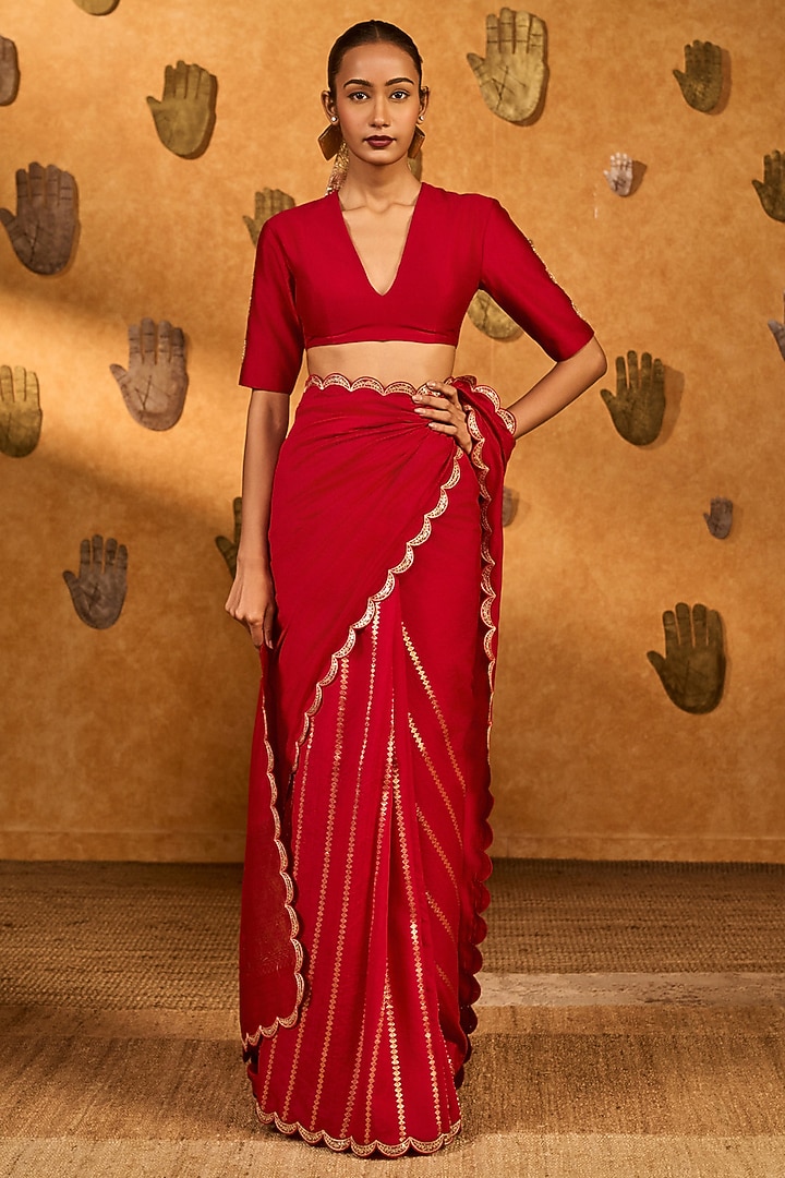 Pink Raw Silk Foil & Dawn Printed Wedding Saree Set by Masaba at Pernia's Pop Up Shop