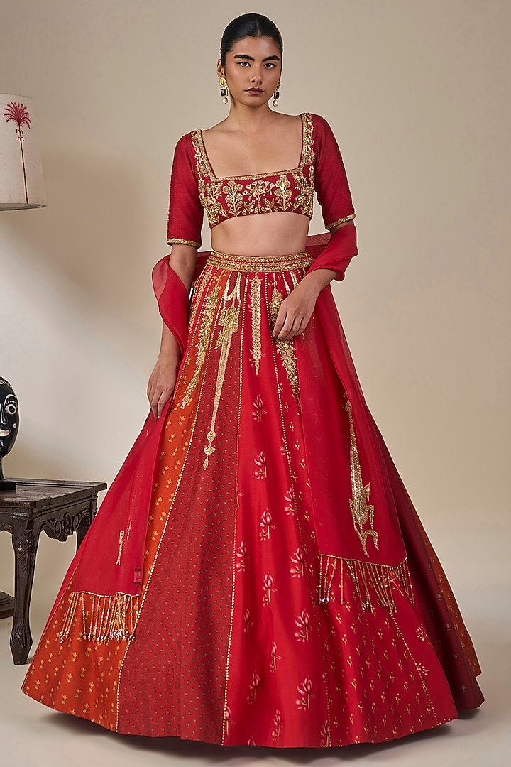 Red Raw Silk Cutdana Embroidered Bridal Lehenga Set by Masaba at Pernia's Pop Up Shop