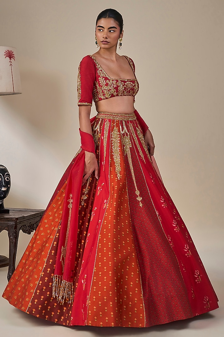 Red Raw Silk Cutdana Embroidered Bridal Lehenga Set by Masaba at Pernia's Pop Up Shop