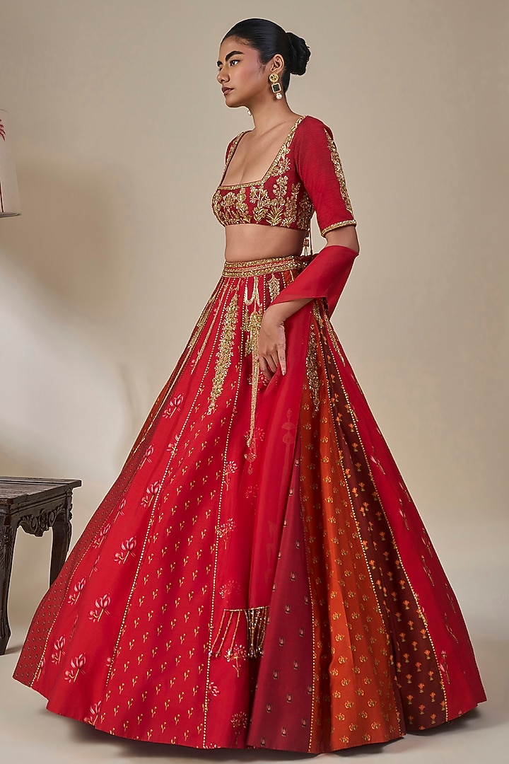 Red Raw Silk Cutdana Embroidered Bridal Lehenga Set by Masaba at Pernia's Pop Up Shop