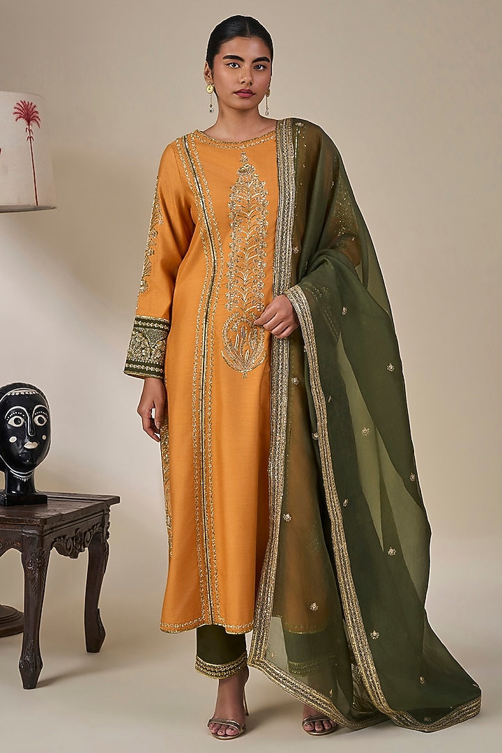 Rust Silk Patchwork Kurta Set by Masaba at Pernia's Pop Up Shop