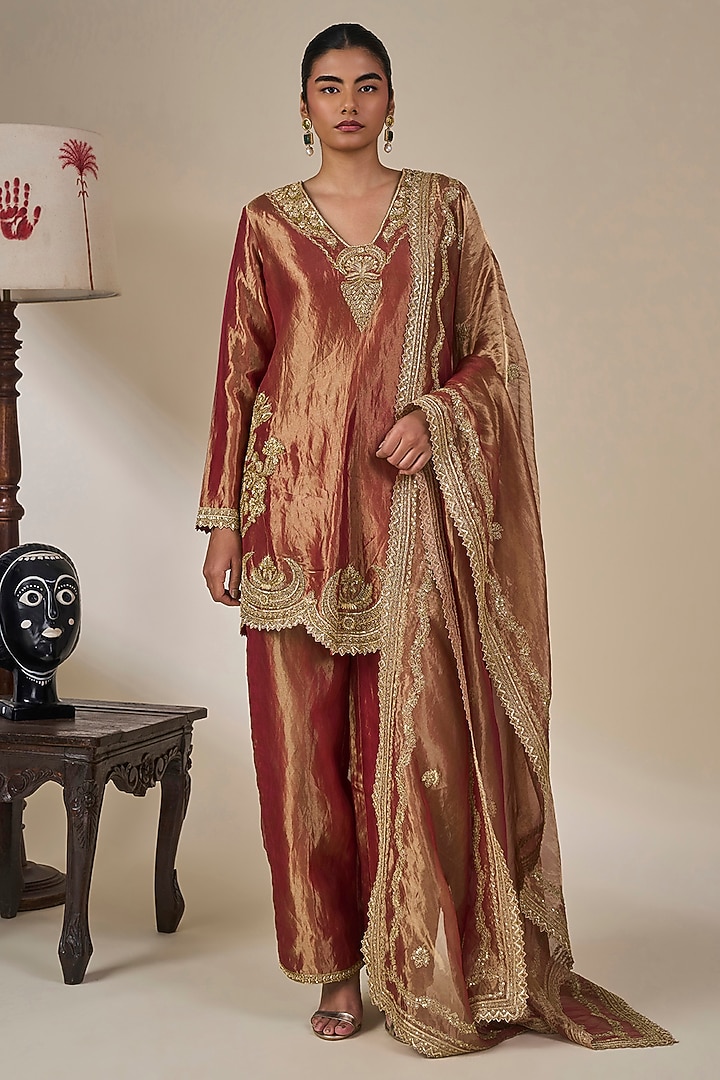 Rust Tissue Silk Chand Pankh Motif Kurta Set by Masaba at Pernia's Pop Up Shop