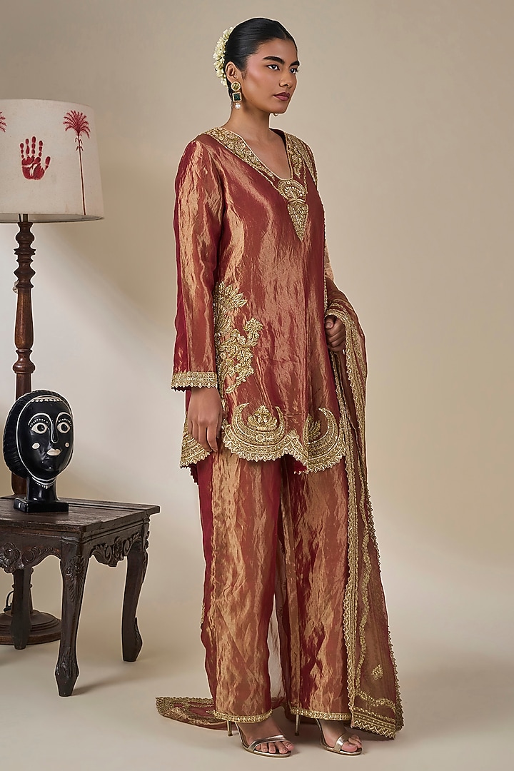Rust Tissue Silk Chand Pankh Motif Kurta Set by Masaba at Pernia's Pop Up Shop
