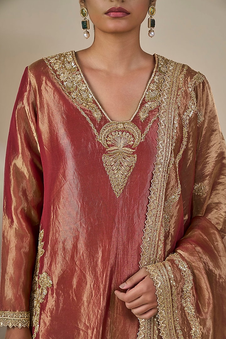 Rust Tissue Silk Chand Pankh Motif Kurta Set by Masaba at Pernia's Pop Up Shop