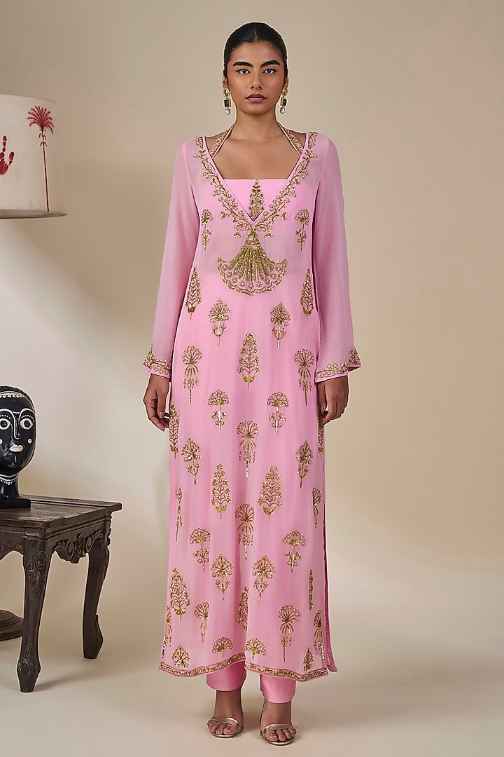 Pink Georgette Phool Bagh Motif Kurta Set by Masaba at Pernia's Pop Up Shop