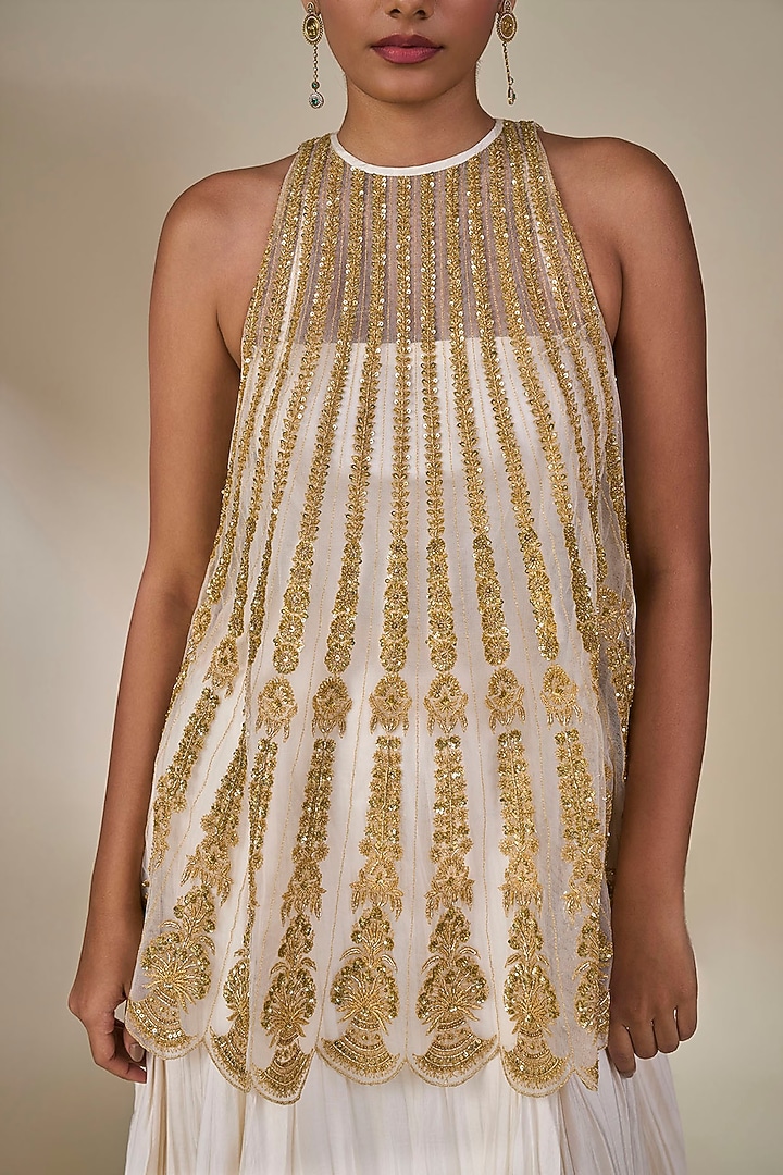 Ivory Silk Embroidered Overlay Crushed Kurta Set by Masaba at Pernia's Pop Up Shop