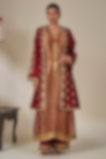 Maroon Silk Kashmiri Motifs Embroidered Jacket Set by Masaba at Pernia's Pop Up Shop