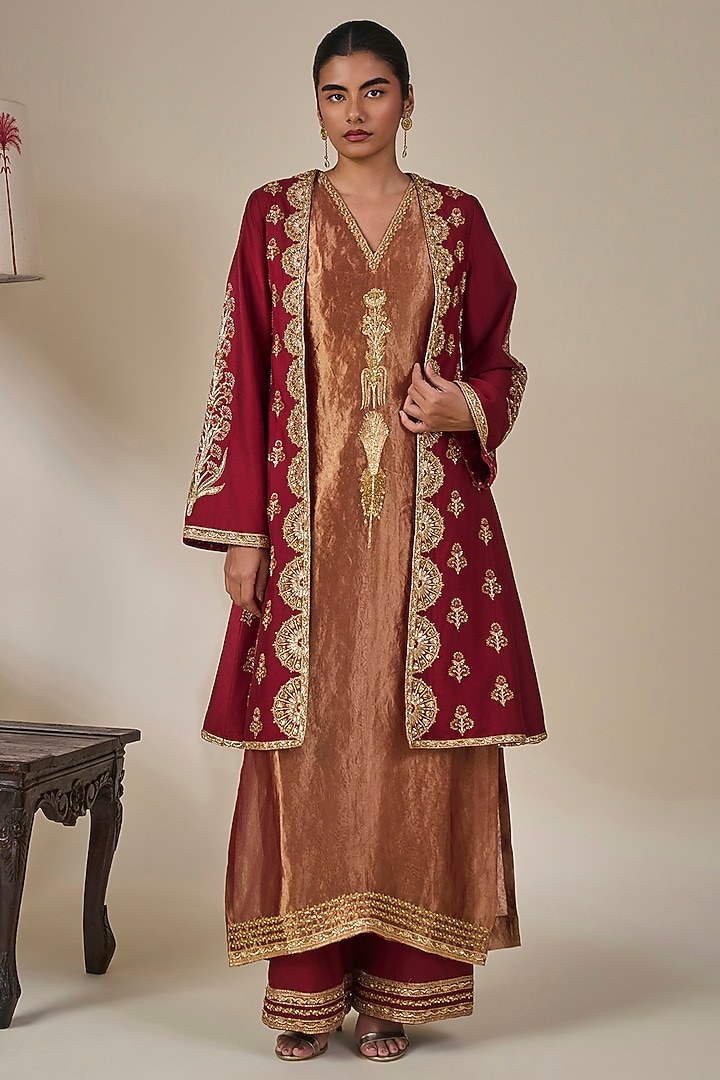 Maroon Silk Kashmiri Motifs Embroidered Jacket Set by Masaba at Pernia's Pop Up Shop