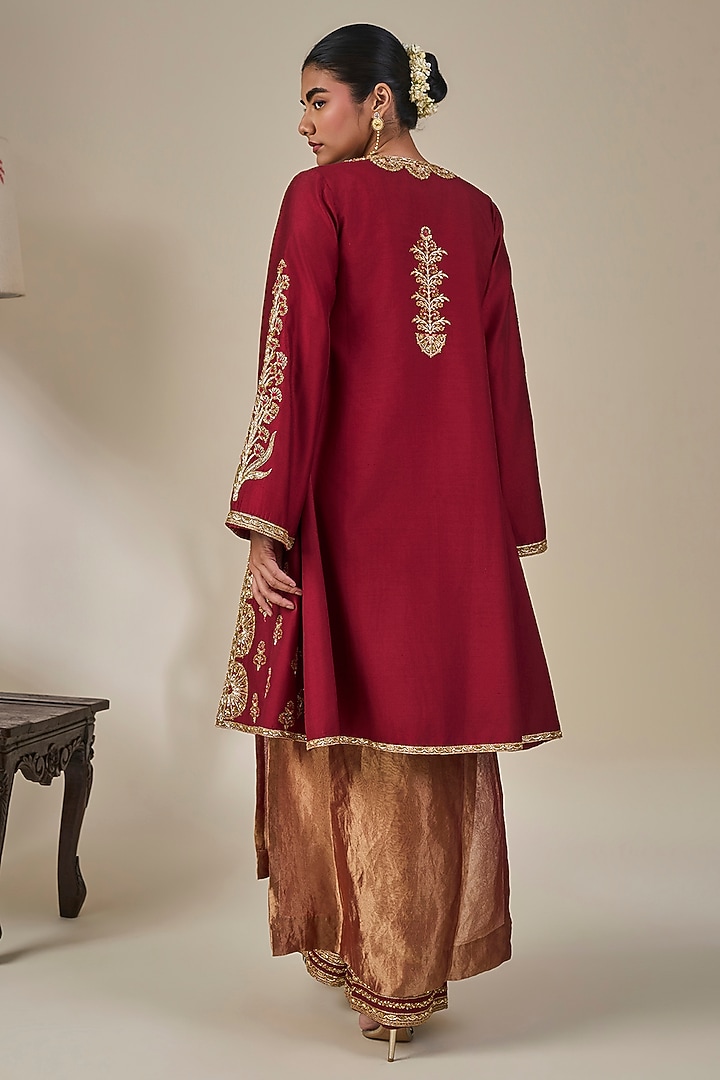 Maroon Silk Kashmiri Motifs Embroidered Jacket Set by Masaba at Pernia's Pop Up Shop