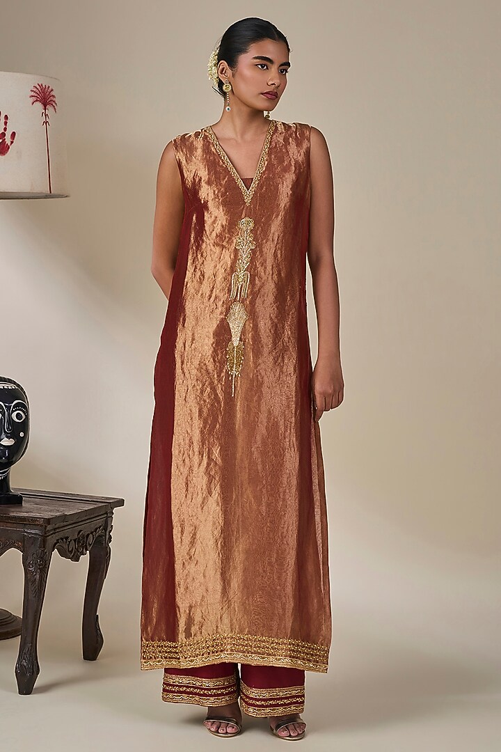 Maroon Silk Kashmiri Motifs Embroidered Jacket Set by Masaba at Pernia's Pop Up Shop