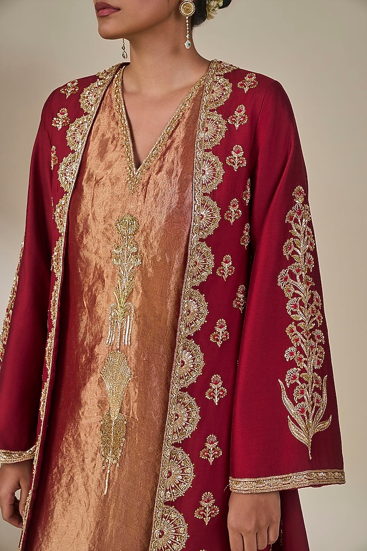 Maroon Silk Kashmiri Motifs Embroidered Jacket Set by Masaba at Pernia's Pop Up Shop