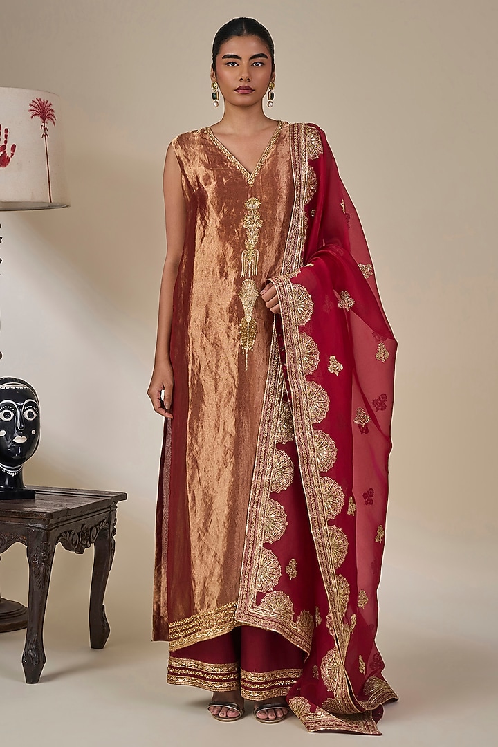 Maroon Silk Dori Embroidered Kurta Set by Masaba at Pernia's Pop Up Shop