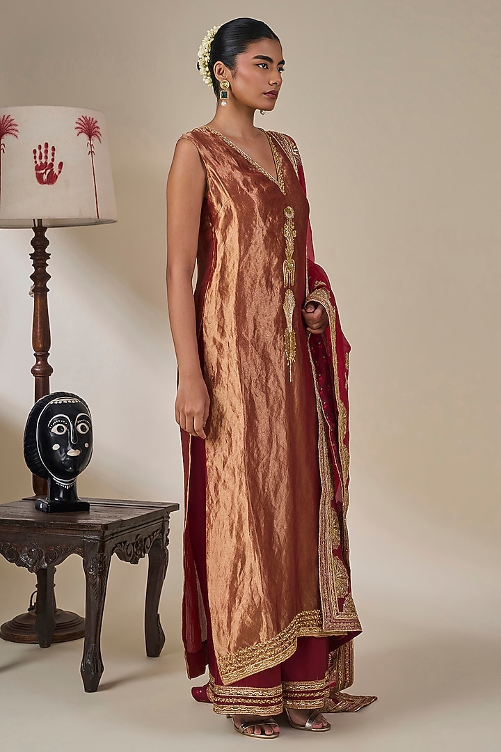 Maroon Silk Dori Embroidered Kurta Set by Masaba at Pernia's Pop Up Shop